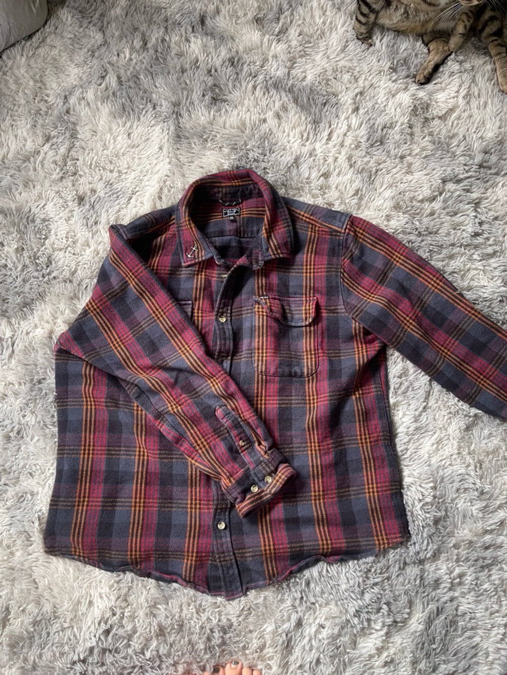 Men's Red & Navy Plaid Button-Down Shirt Jacket